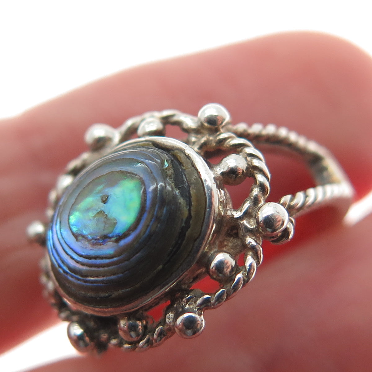 925 Sterling Silver Vintage Real Abalone Shell Modernist Beaded Ring Size 5.25