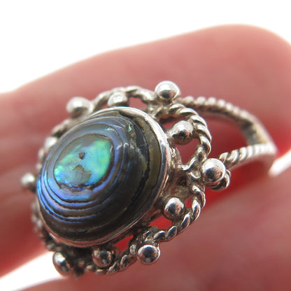 925 Sterling Silver Vintage Real Abalone Shell Modernist Beaded Ring Size 5.25