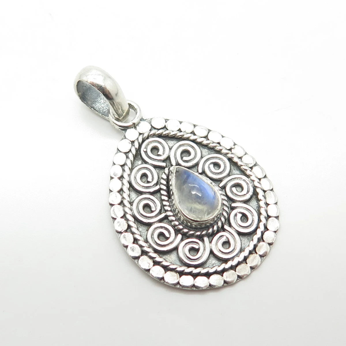 925 Sterling Silver Vintage Real Moonstone Gem Swirl Ornate Pendant