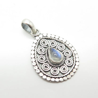 925 Sterling Silver Vintage Real Moonstone Gem Swirl Ornate Pendant