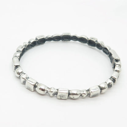 925 Sterling Silver Vintage Beaded & Square Link Bangle Bracelet 6.75"