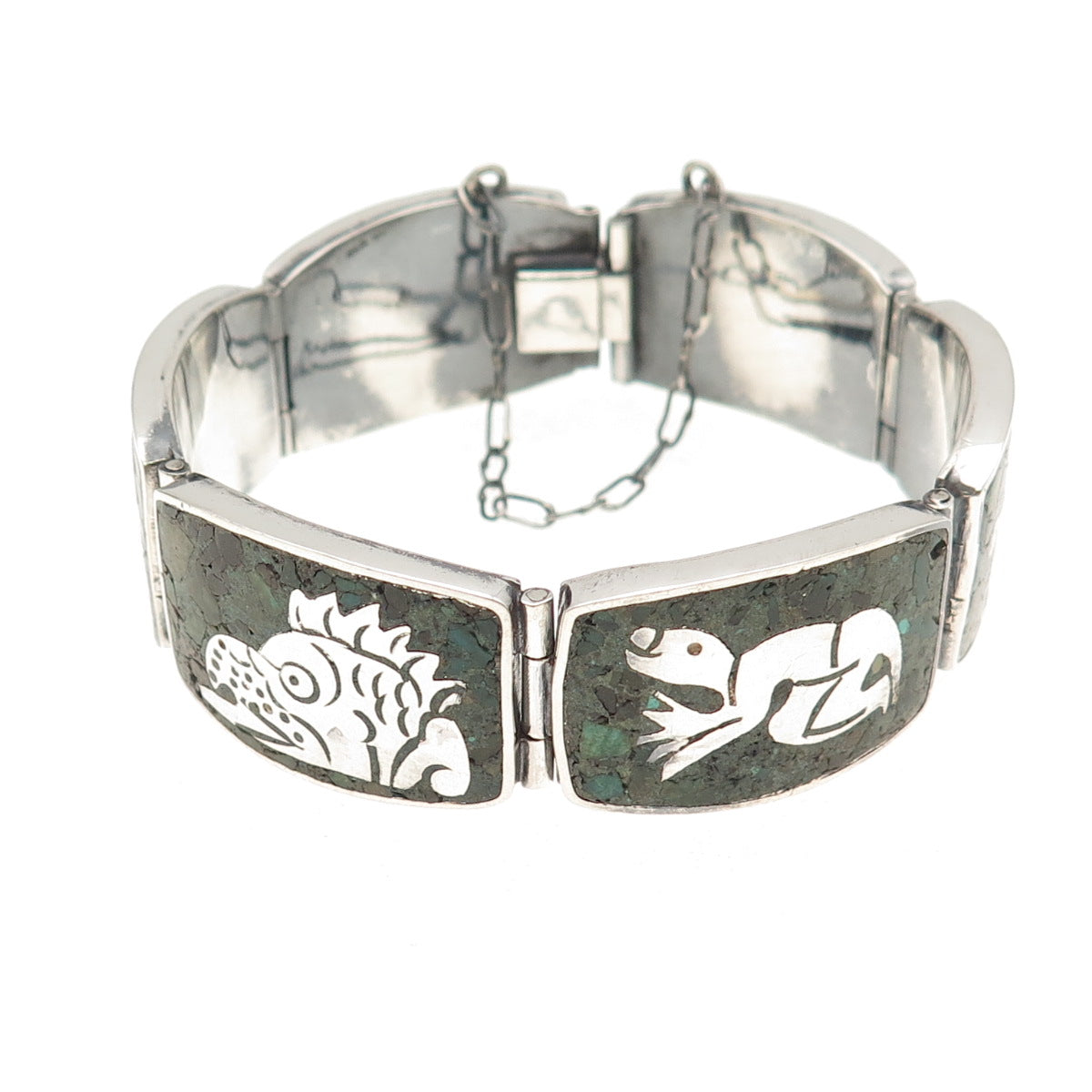 925 Sterling Silver Vintage Mexico Real Azurite Aztec Animals Bracelet 6.75"