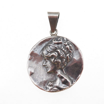925 Sterling Silver Vintage Lady Cameo Oxidized Charm Pendant