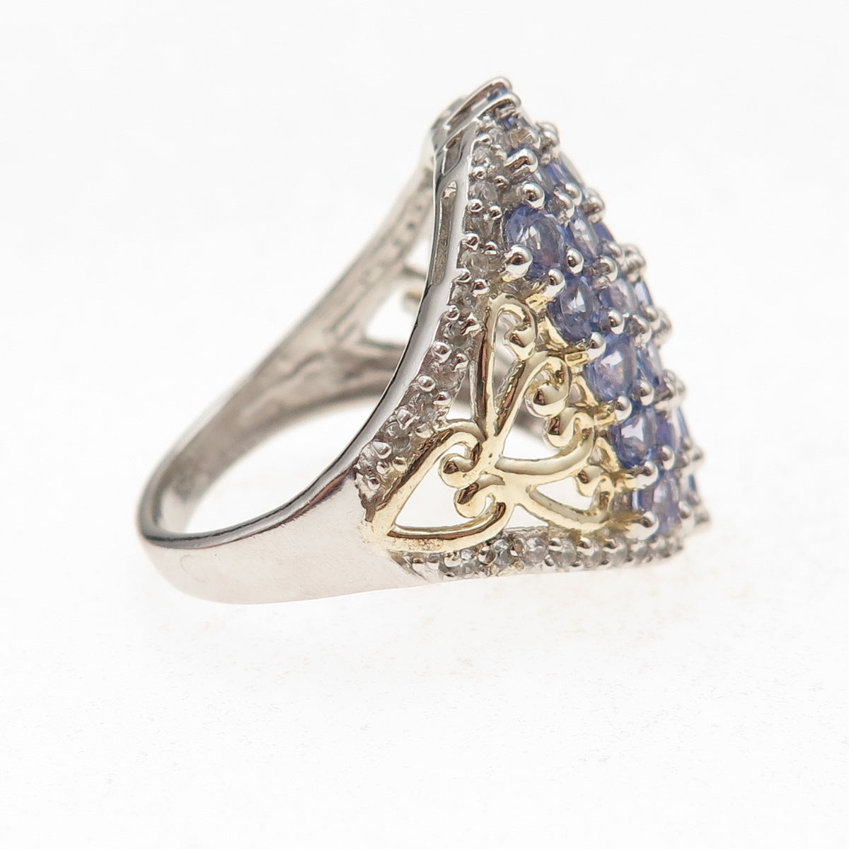 Chuck Clemency 925 Sterling Silver 2-Tone Real Tanzanite White Topaz Ring Size 8