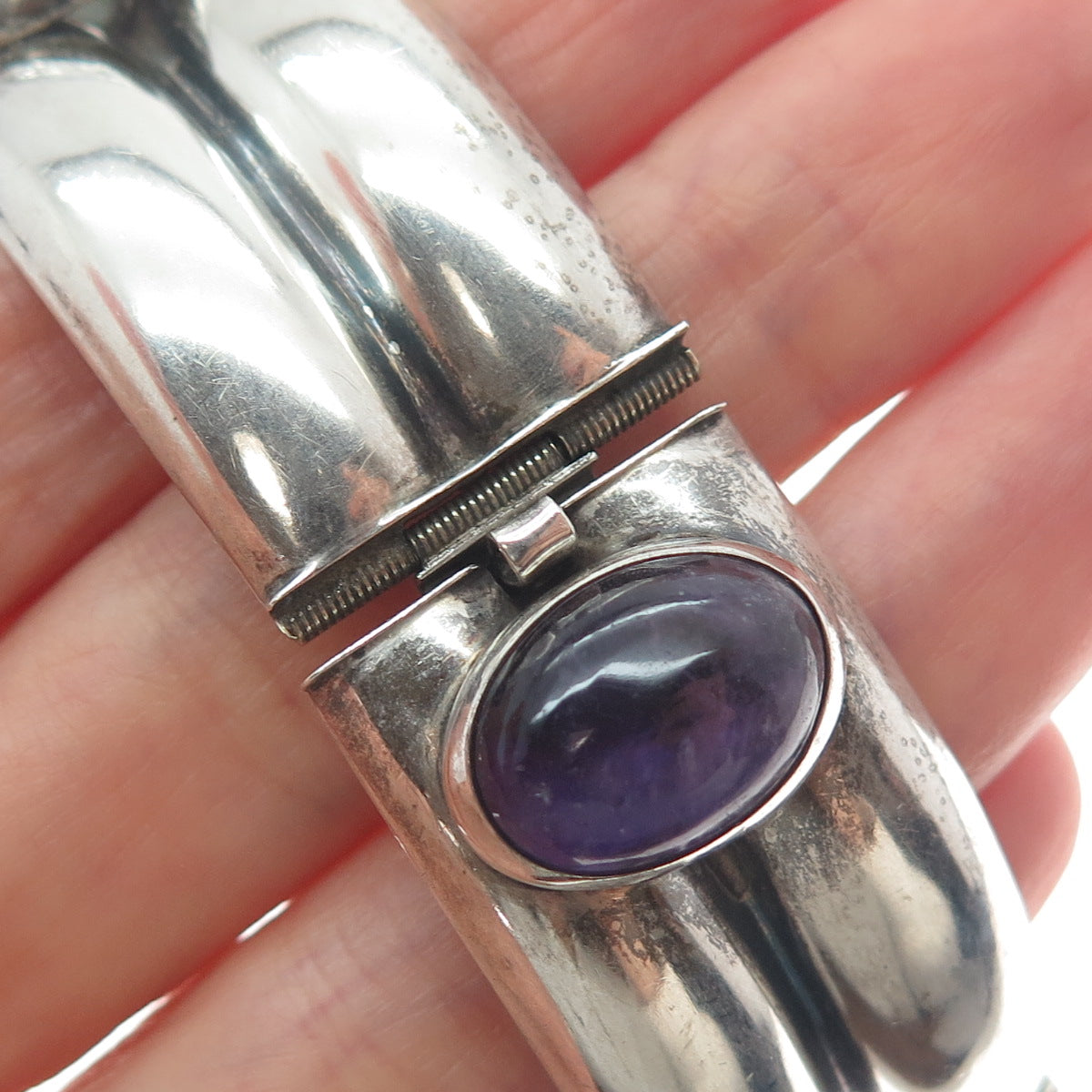 925 Sterling Silver Vintage Mexico Real Amethyst Oxidized Panel Link Bracelet 7"