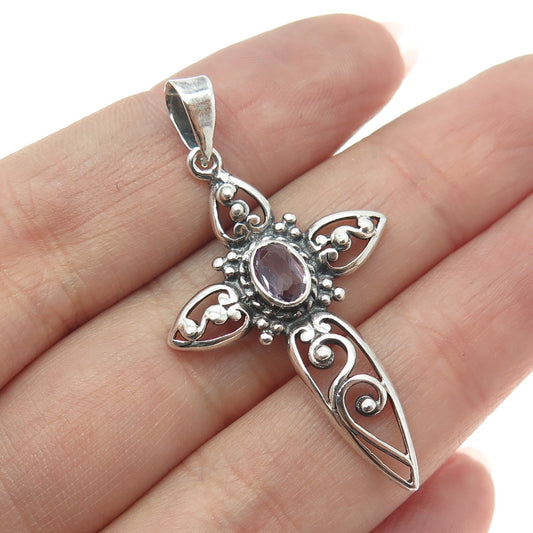 925 Sterling Silver Vintage Real Amethyst Gemstone Cross Pendant