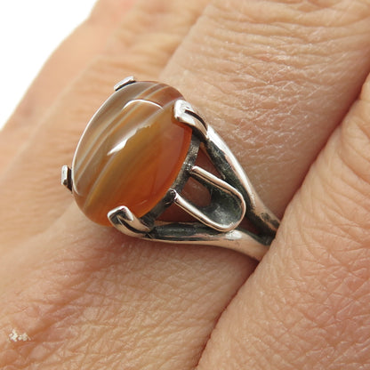 TOMMY LONG 925 Sterling Silver Vintage Real Agate Modernist Ring Size 9.75