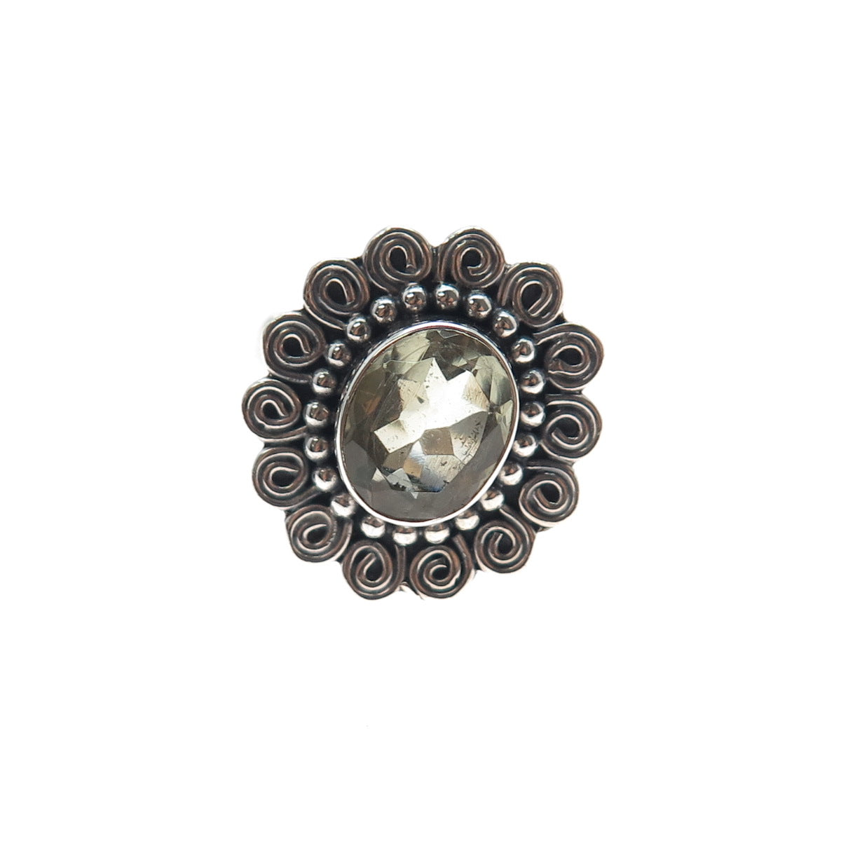 925 Sterling Silver Vintage Real Green Amethyst Swirl Oxidized Ring Size 8.25