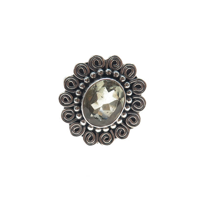 925 Sterling Silver Vintage Real Green Amethyst Swirl Oxidized Ring Size 8.25