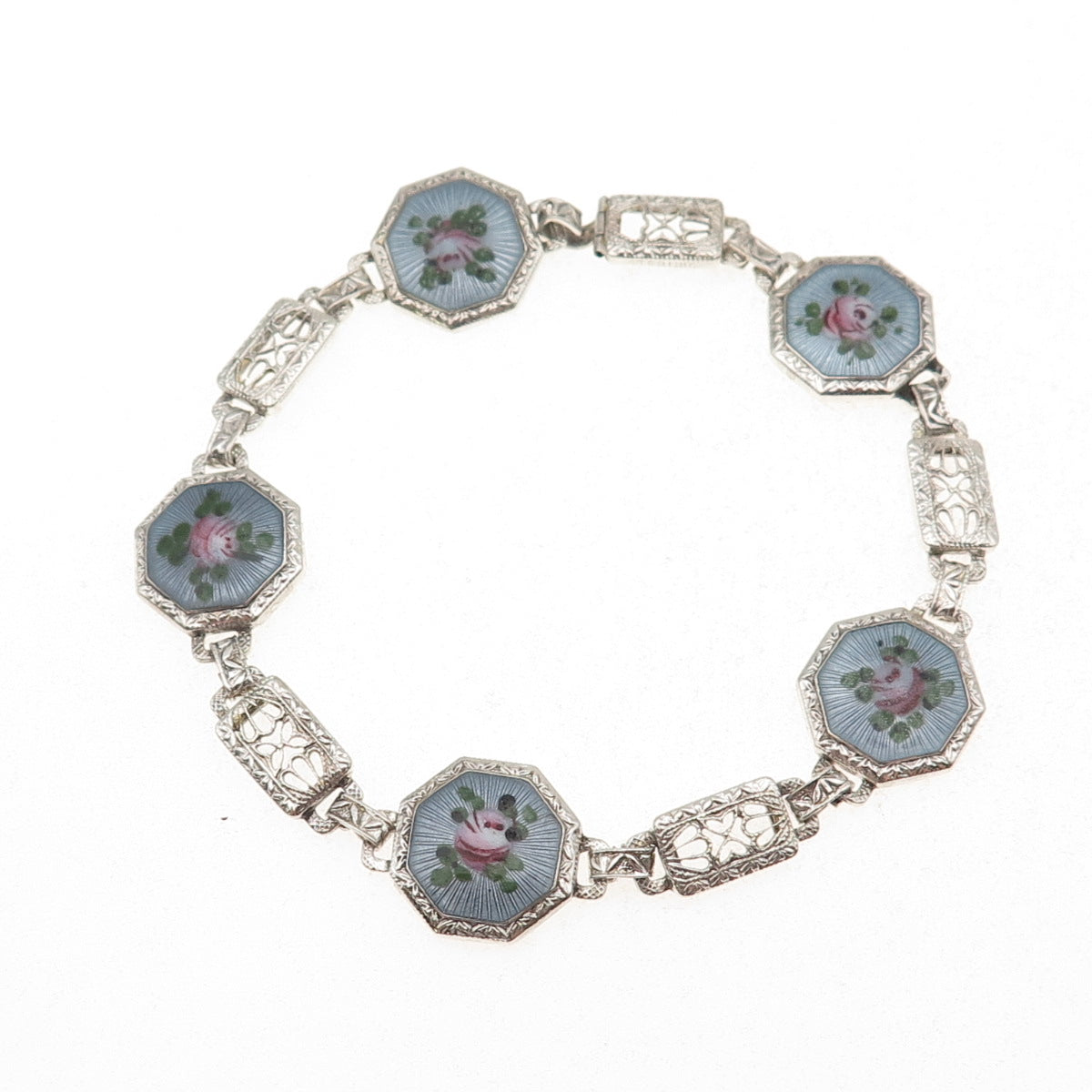 925 Sterling Antique Art Deco Enamel Floral Filigree Bracelet 7.25" missing lock