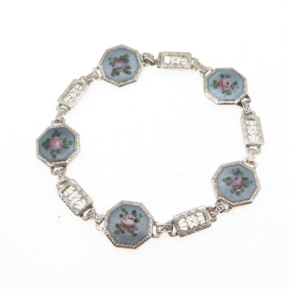 925 Sterling Antique Art Deco Enamel Floral Filigree Bracelet 7.25" missing lock