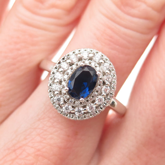 925 Sterling Silver Oval-Cut Blue & Round-Cut White C Z Ring Size 9.25