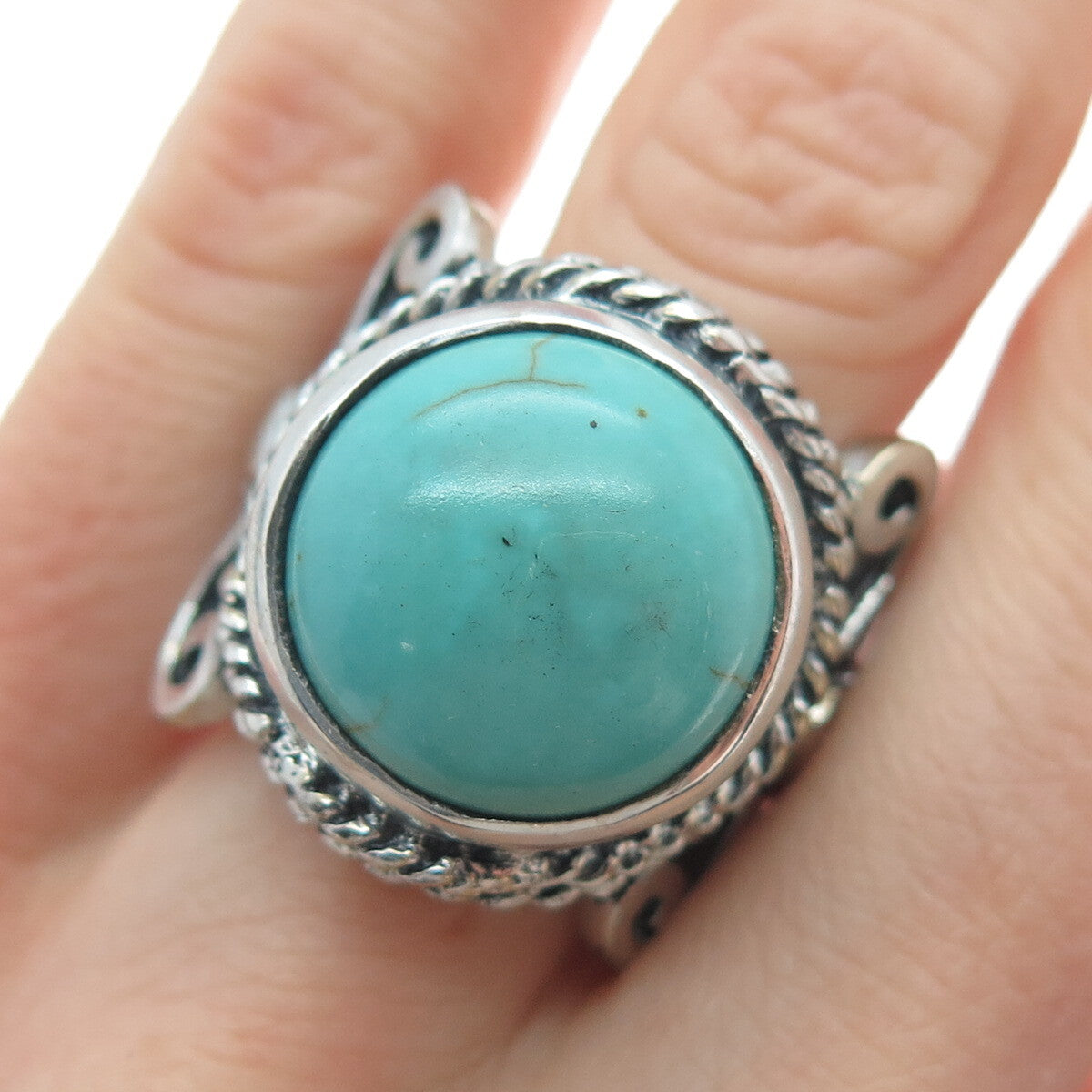925 Sterling Silver Vintage Real Lone Mountain Turquoise Oxidized Ring Size 9.5