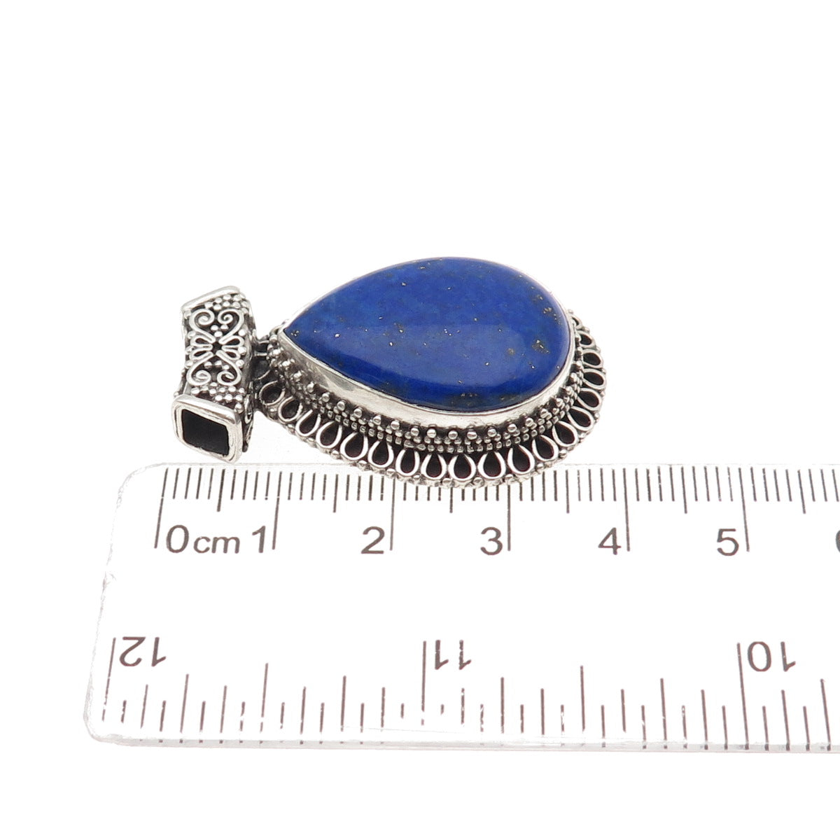 925 Sterling Silver Vintage Real Lapis Swirl Teardrop Oxidized Slide Pendant