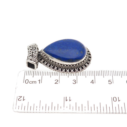 925 Sterling Silver Vintage Real Lapis Swirl Teardrop Oxidized Slide Pendant