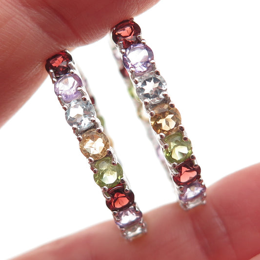 925 Sterling Silver Topaz Amethyst Citrine Garnet Peridot In & Out Hoop Earrings