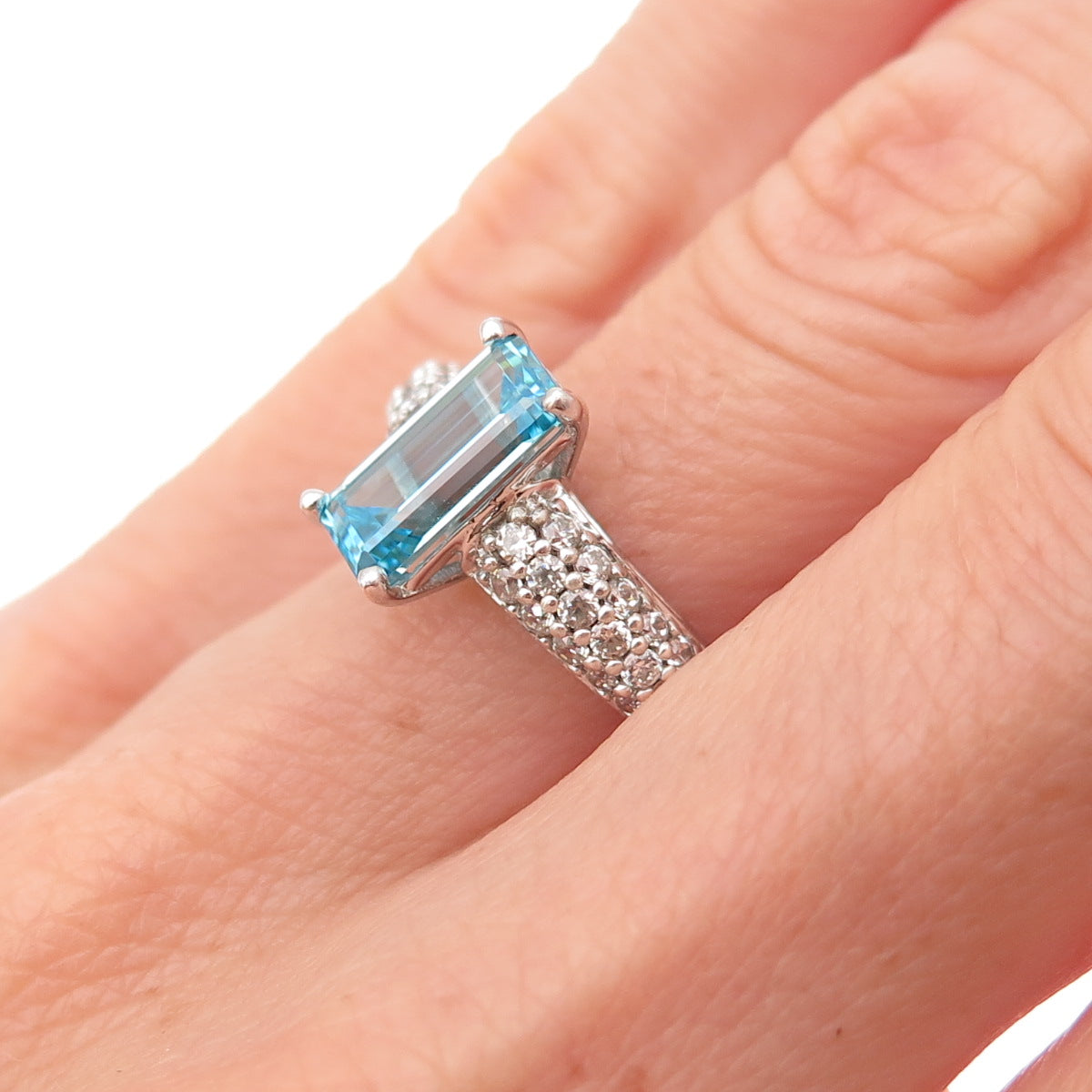 925 Sterling Silver Emerald-Cut Blue & Round-Cut White C Z Ring Size 5.25
