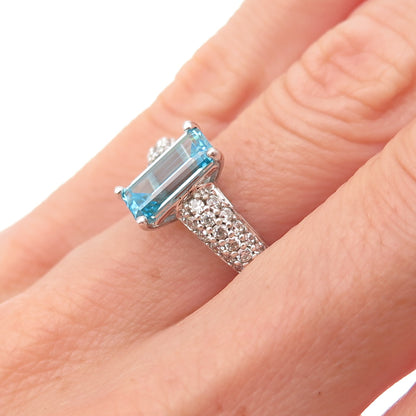 925 Sterling Silver Emerald-Cut Blue & Round-Cut White C Z Ring Size 5.25