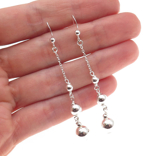 925 Sterling Silver Vintage Graduated Ball Beaded Chain Drop Dangle Earrings