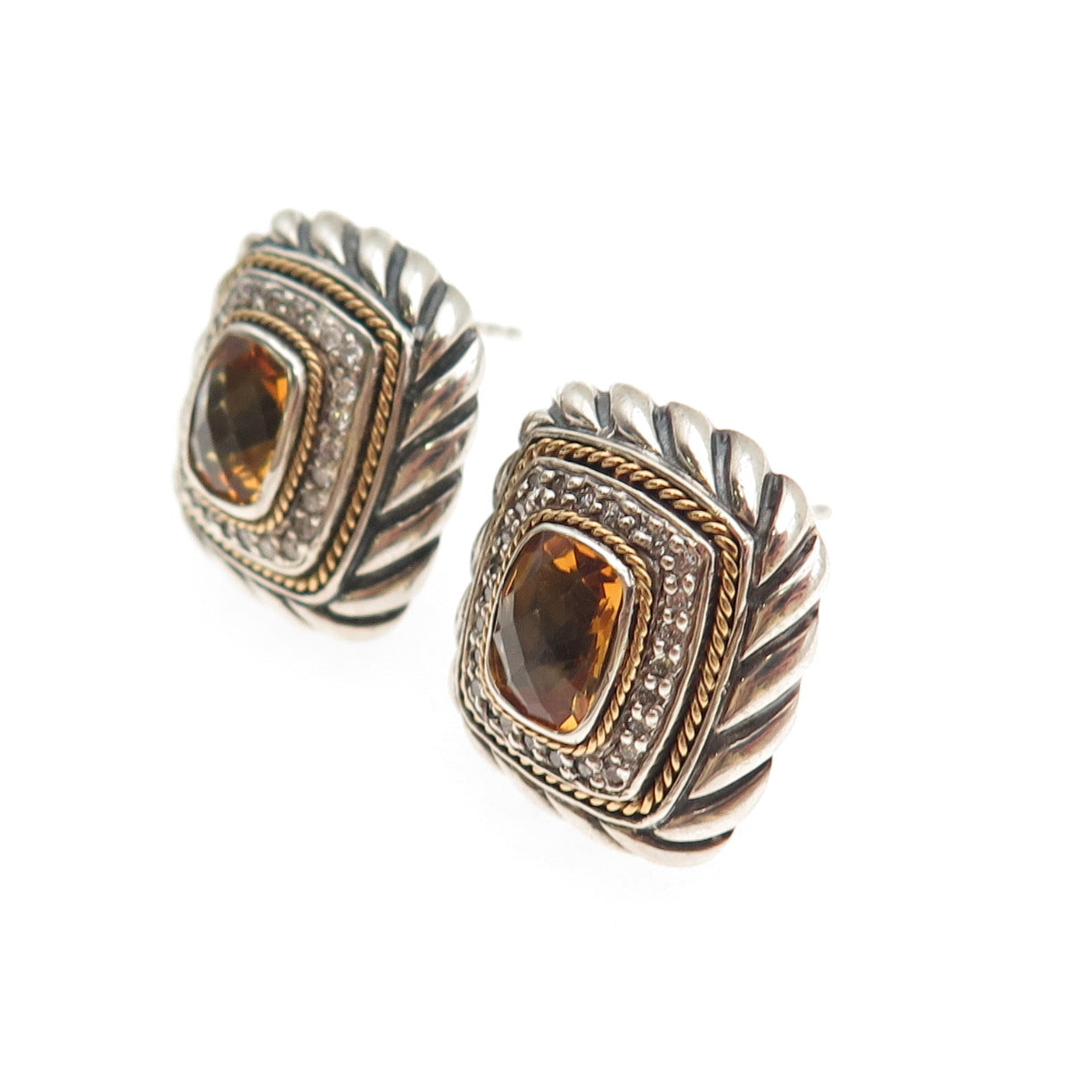 EFFY Sterling Silver 18K Gold Vintage Real Diamond & Citrine Omega Back Earrings