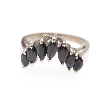 925 Sterling Silver Vintage Real Marquise-Cut Sapphire Oxidized Ring Size 8