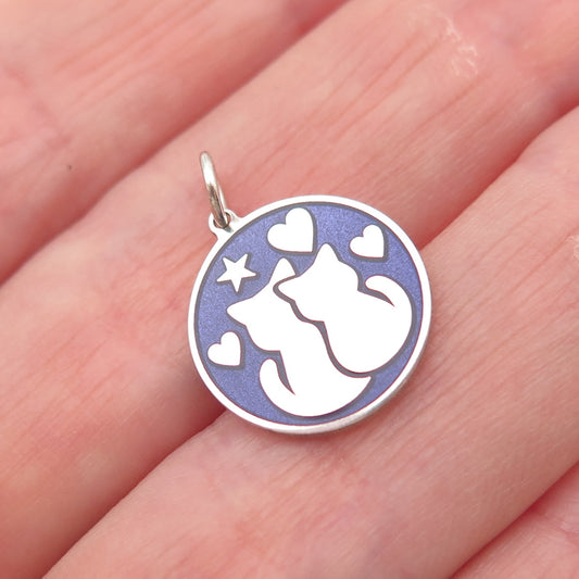 925 Sterling Silver Purple Enamel Cat Couple Round Tag Mini Charm Pendant