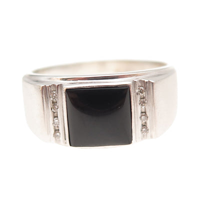 925 Sterling Silver Real Round-Cut Diamond & Black Onyx Ring Size 11