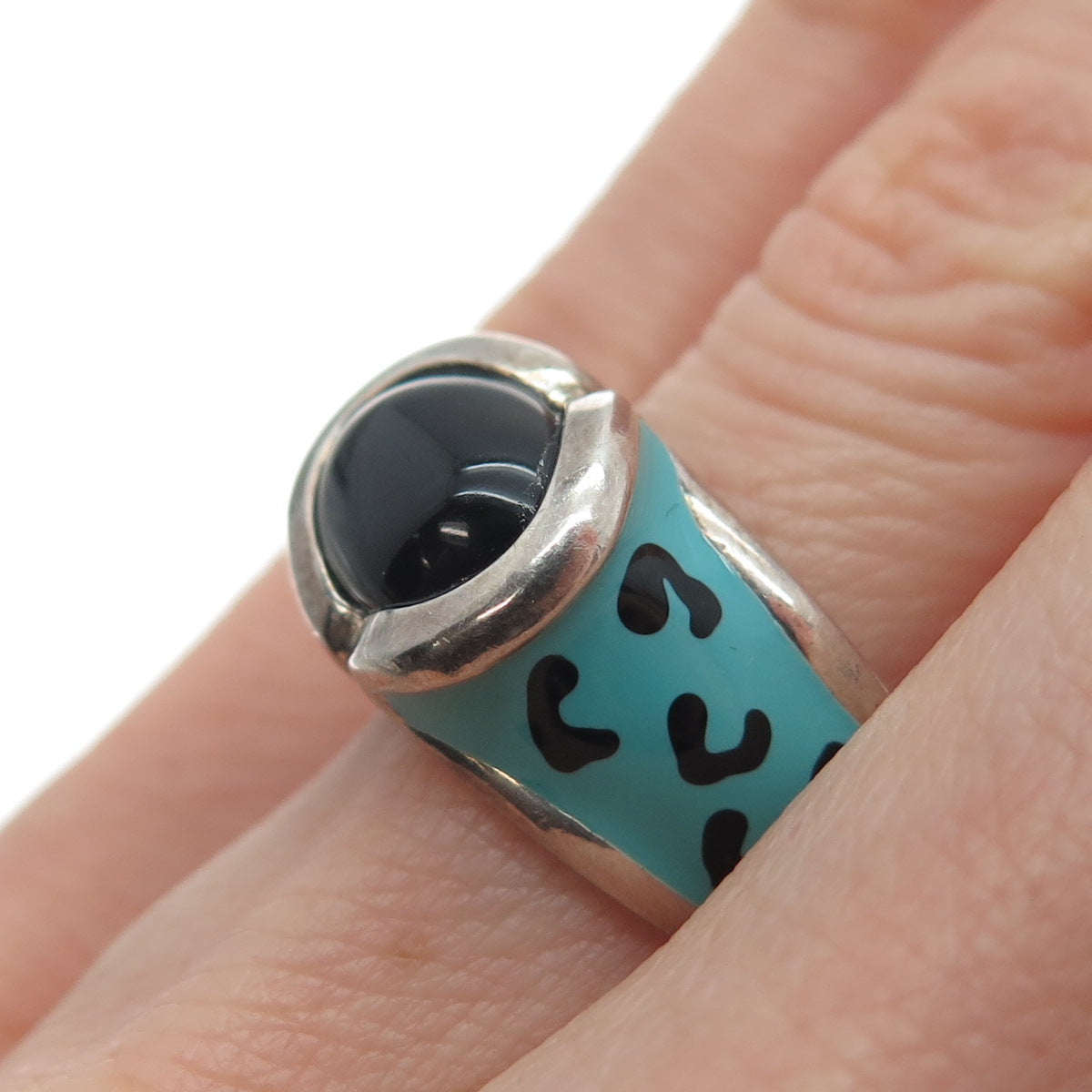 CHATEAU D'ARGENT Sterling Silver Vintage Enamel Real Black Onyx Ring Size 6.5