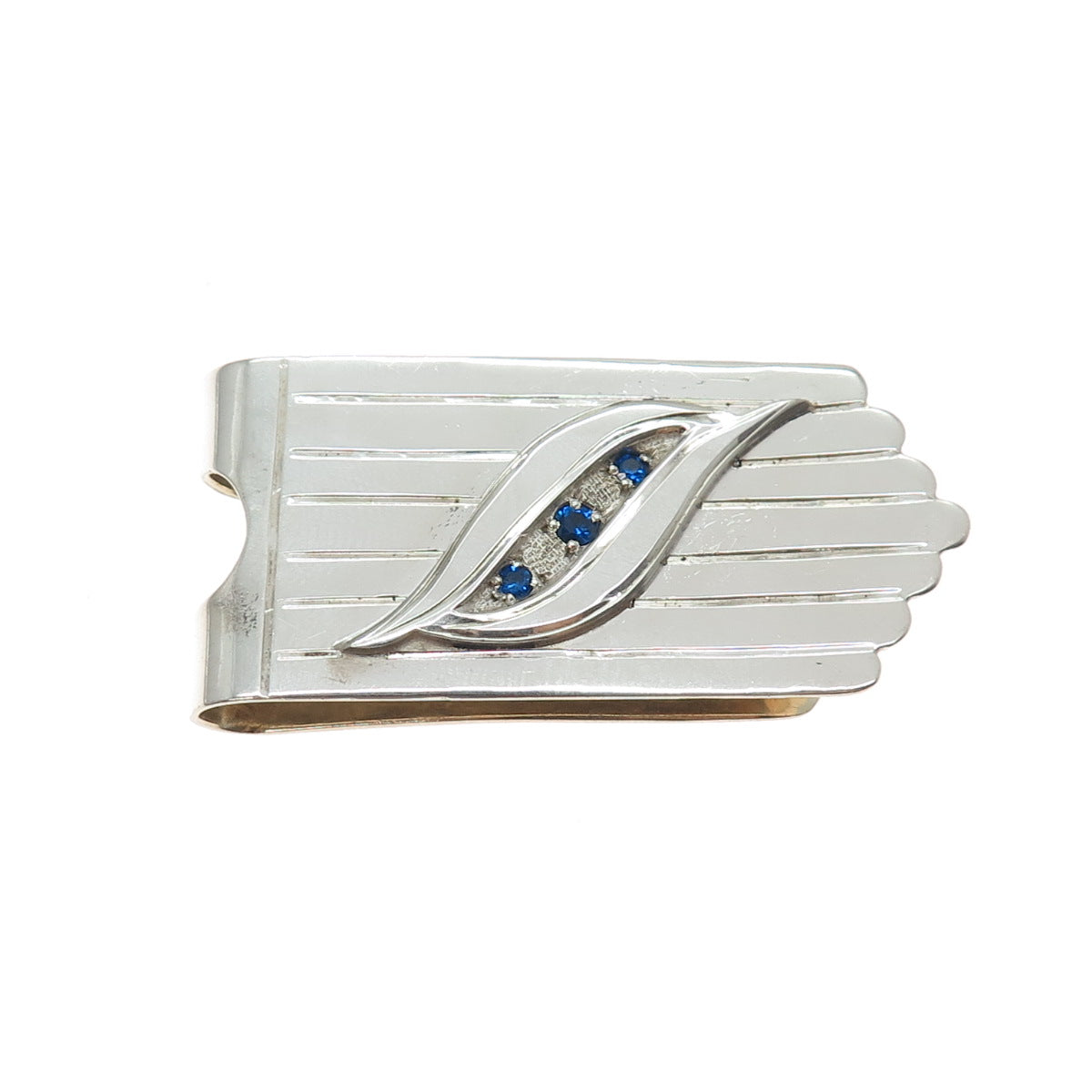 925 Sterling Silver Overlaid Vintage Mexico Blue Rhinestone Modernist Money Clip