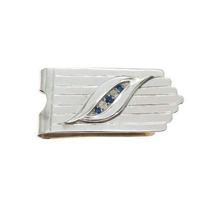 925 Sterling Silver Overlaid Vintage Mexico Blue Rhinestone Modernist Money Clip