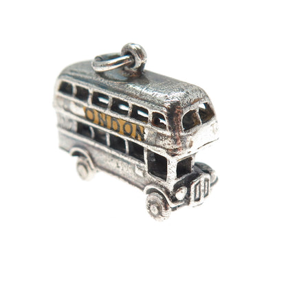 925 Sterling Silver Vintage Enamel London Bus Oxidized Mini 3D Movable Pendant
