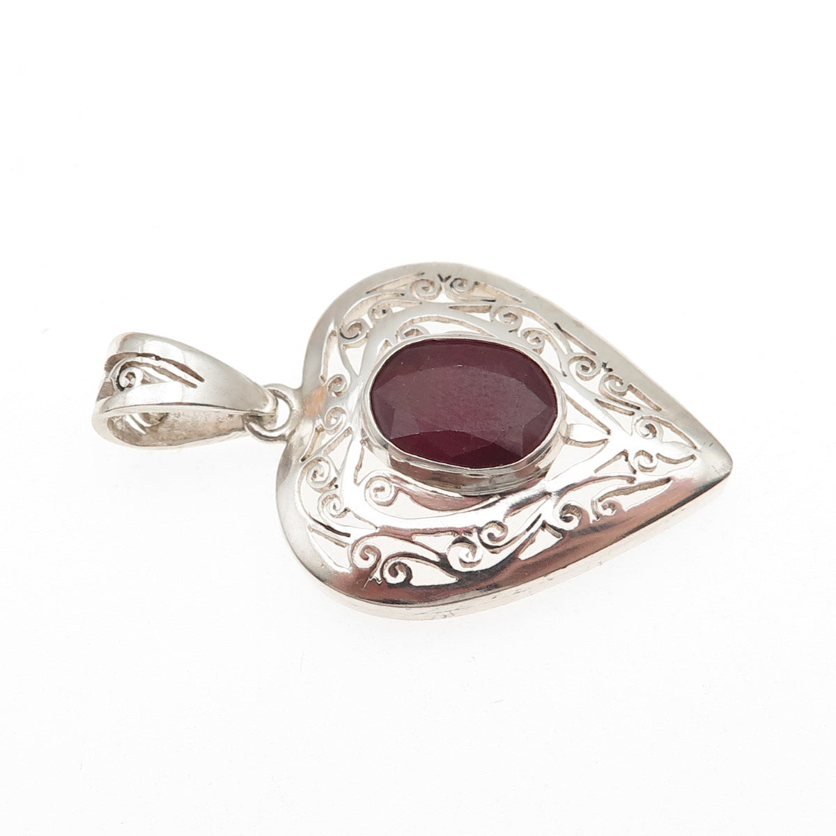 925 Sterling Silver Vintage Real Oval-Cut Ruby Ornate Heart Charm Pendant