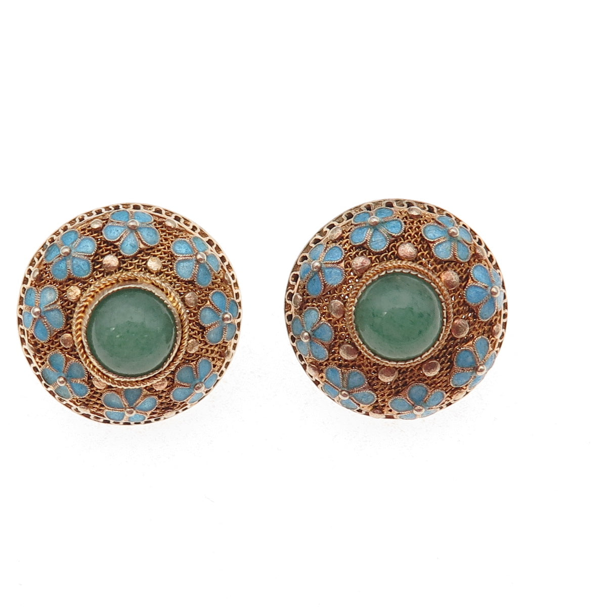 925 Sterling Silver Gold Plated Vintage Enamel Real Aventurine Floral Earrings