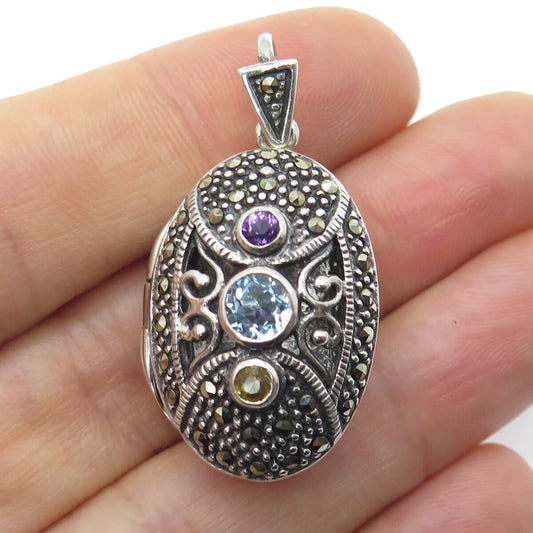 925 Sterling Silver Vintage Blue Topaz Amethyst Citrine Marcasite Locket Pendant
