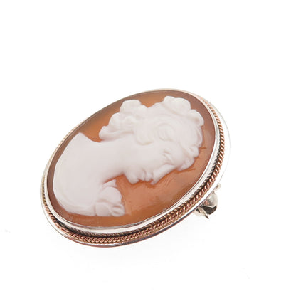 900 Silver 2-Tone Vintage Real MOP Carved Lady Cameo Pin Brooch / Pendant