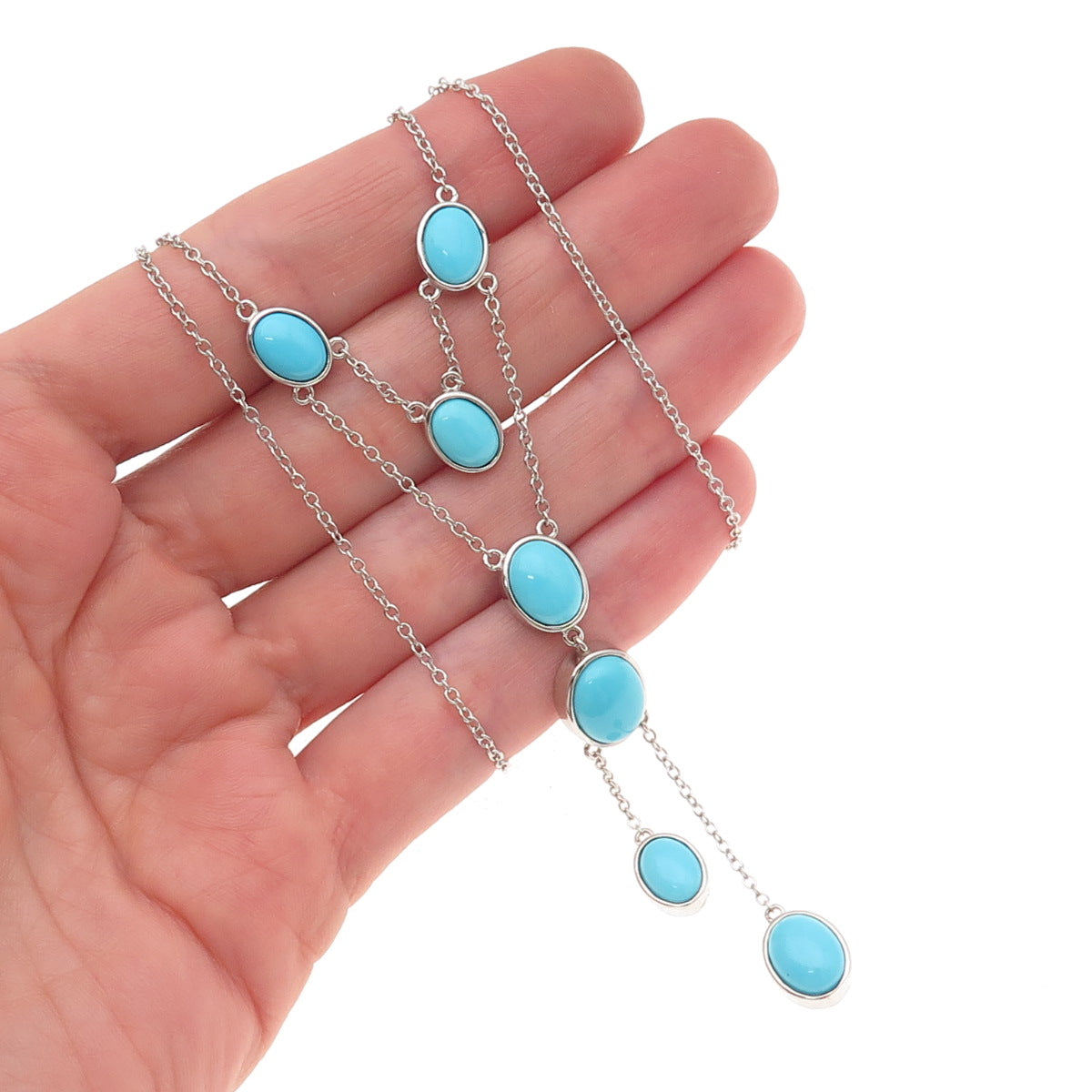 925 Sterling Silver Real Sleeping Beauty Turquoise Cable Chain Necklace 18"