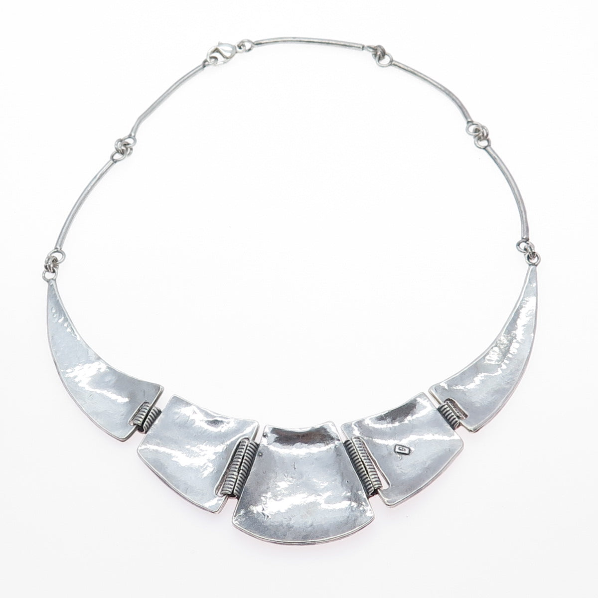 925 Sterling Vintage Modernist Hammered Centerpiece Bar Chain Necklace 16"