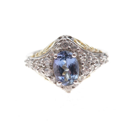 Chuck Clemency 925 Sterling 2-Tone Real Tanzanite & White Topaz Ring Size 8.25