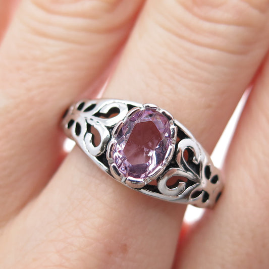 SETA 925 Sterling Silver Vintage Real Oval-Cut Amethyst Butterfly Ring Size 10