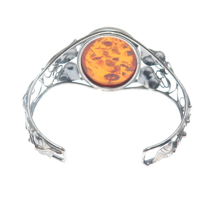 925 Sterling Silver Vintage Real Amber Floral Adjustable Oxidized Bracelet 7"