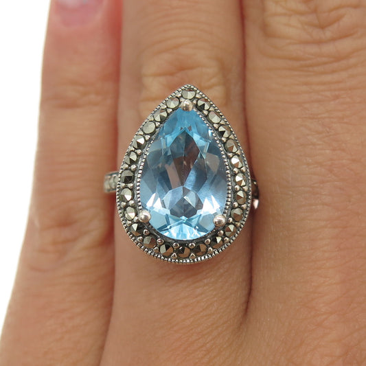 925 Sterling Silver Vintage Real Pear-Cut Blue Topaz & Marcasite Ring Size 6