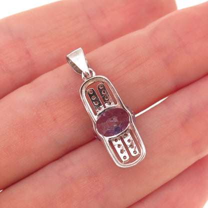 925 Sterling Silver Oval-Cut Purple & Round-Cut White C Z Charm Pendant