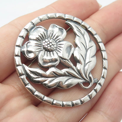 925 Sterling Silver Vintage Round Floral Pin Brooch