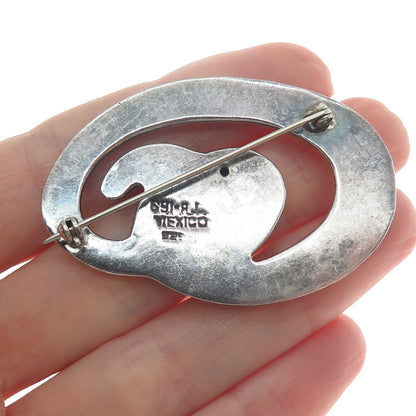 925 Sterling Silver Vintage Mexico Modernist Oval Swirl Oxidized Pin Brooch