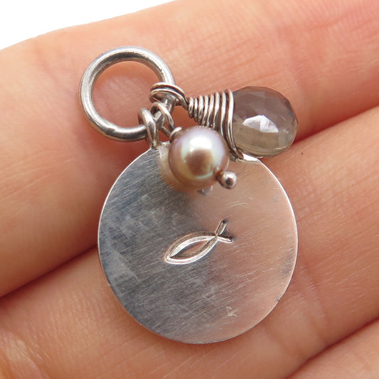 LOTUS 925 Sterling Silver Vintage Real Pearl Smoky Quartz Ichthys Charm Pendant
