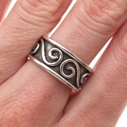 925 Sterling Silver Vintage Modernist Spiral Oxidized Band Ring Size 7.75