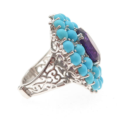 925 Sterling Silver Real Turquoise Amethyst & White Topaz Ring Size 8