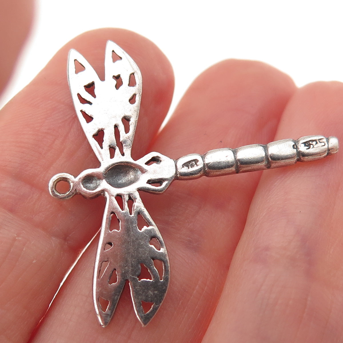 925 Sterling Silver Vintage Real Abalone Shell Dragonfly Oxidized Charm Pendant