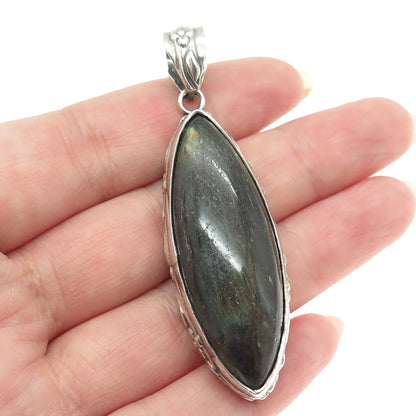 925 Sterling Silver Vintage Real Labradorite Gemstone Floral Accent Pendant