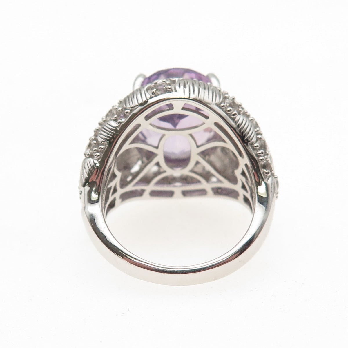 DSMK 925 Sterling Silver Real Amethyst & White Topaz Statement Ring Size 7